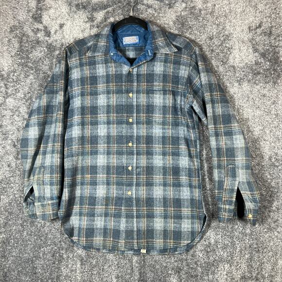 Pendleton Field Shirt Vintage 1970s Blue Plaid Wool Flannel Medium Grandpa - Picture 1 of 8